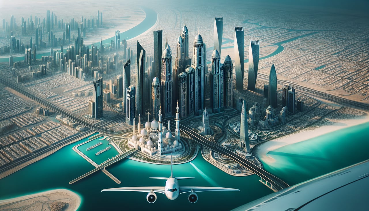 Aerial window seat view during takeoff from Abu Dhabi (right side) — Persian Gulf (shallow turquoise waters), Hajar Mountains (southeast), Abu Dhabi city grid (receding westward), Jebel Dhanna peninsula