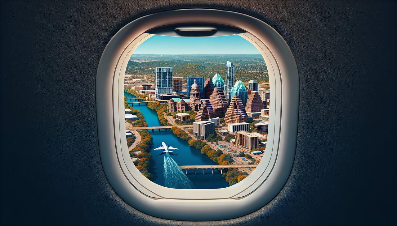 Right window seat view during takeoff from Austin (AUS) — Downtown Austin skyline, Lady Bird Lake, Texas Hill Country foothills, Colorado River bends