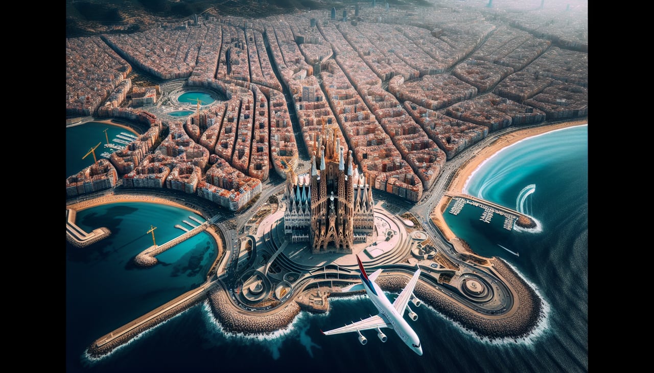 Aerial window seat view during landing at Barcelona (right side) — Mediterranean Sea (eastern approach), Barcelona city center and grid pattern, Montjuïc hill (distinctive elevated terrain), Llobregat River delta (southwest of airport)