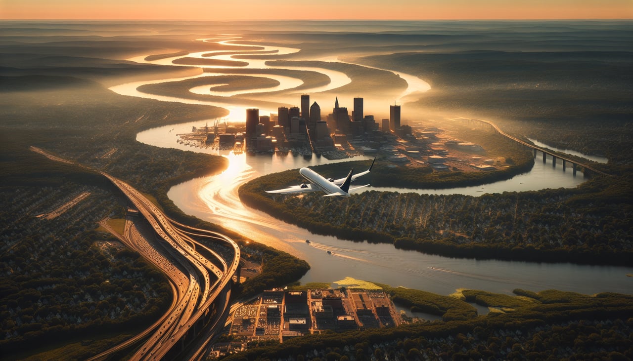 Right window seat view during takeoff from Windsor Locks (BDL) — Hartford downtown skyline, Connecticut River, Bradley International Airport perimeter fields