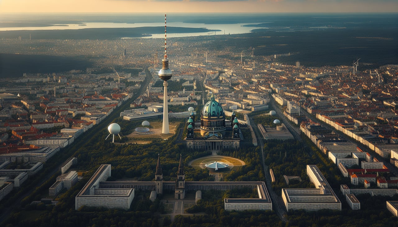 Right window seat view during landing at Berlin (BER) — Berlin TV Tower (Fernsehturm), Müggelsee lake, Spree/Dahme river network, southeastern Berlin lake district (Zeuthener See, Krossinsee)