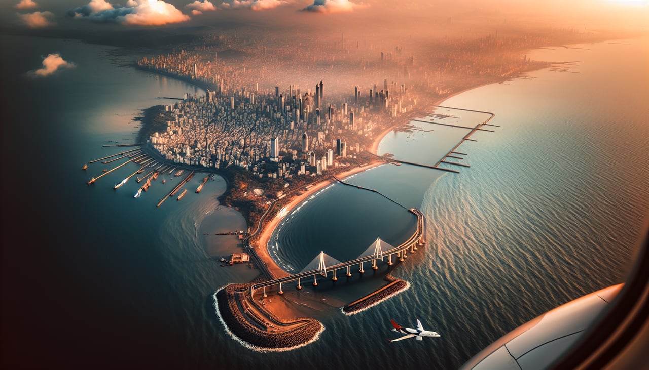 Left window seat view during landing at Bombay (BOM) — Bandra-Worli Sea Link, Mahim Bay, Arabian Sea coastline, southern Mumbai skyline