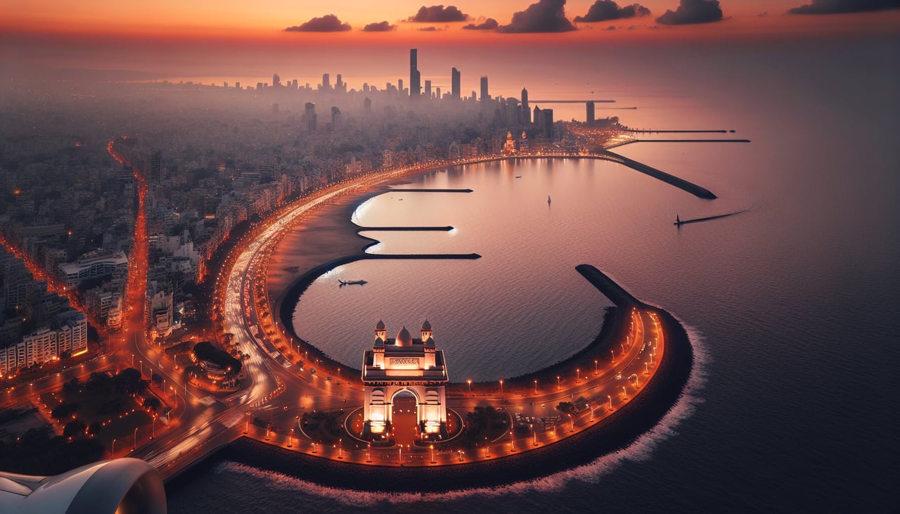 Left window seat view during takeoff from Bombay (BOM) — Bandra-Worli Sea Link, Mahim Bay, Worli coastline, Nariman Point skyline in the distance