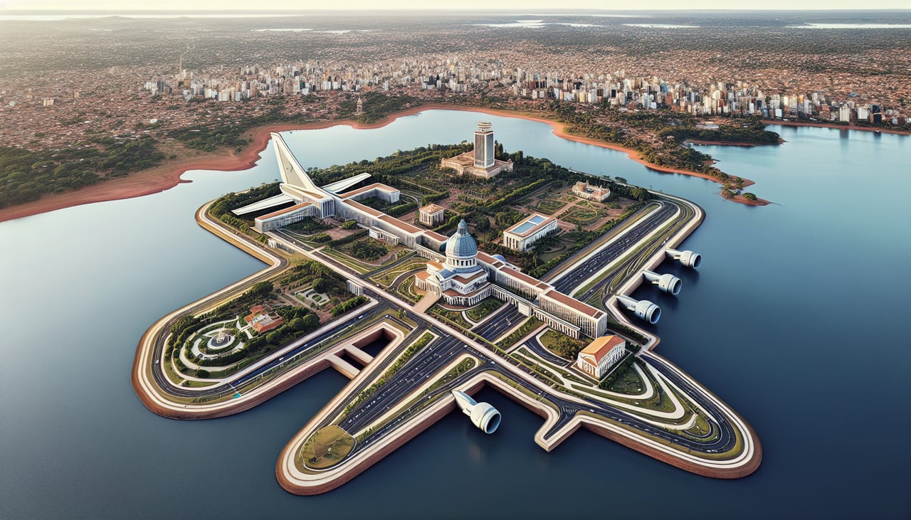 Left window seat view during takeoff from Brasilia (BSB) — Plano Piloto (Brasília's airplane-shaped urban core), Lago Paranoá, National Congress complex, TV Tower area