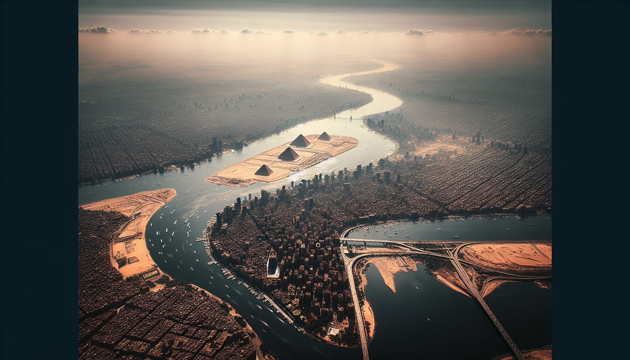Aerial window seat view during landing at Cairo (left side) — Nile River through Cairo, Giza Pyramids and plateau, Cairo cityscape and bridges, Eastern Desert escarpment