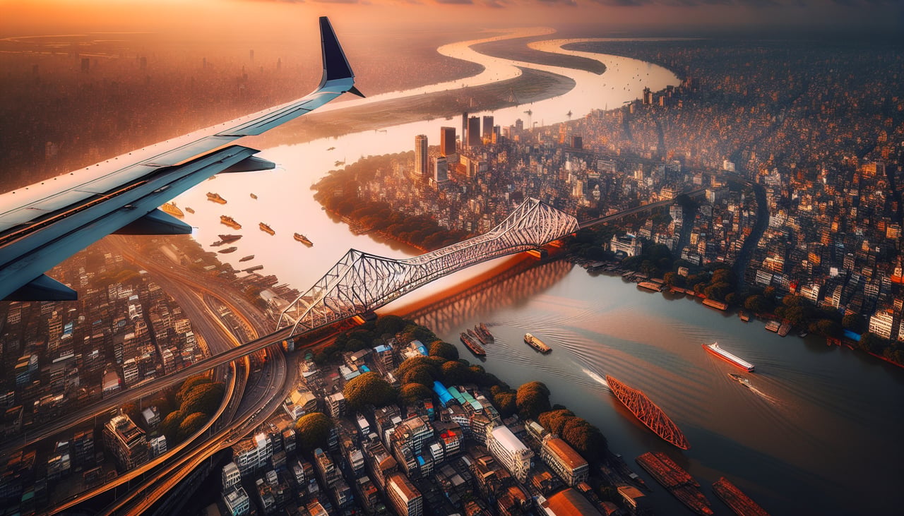 Left window seat view during takeoff from Calcutta (CCU) — Hooghly River, Kolkata city sprawl, Howrah Bridge vicinity, Salt Lake/Bidhannagar district