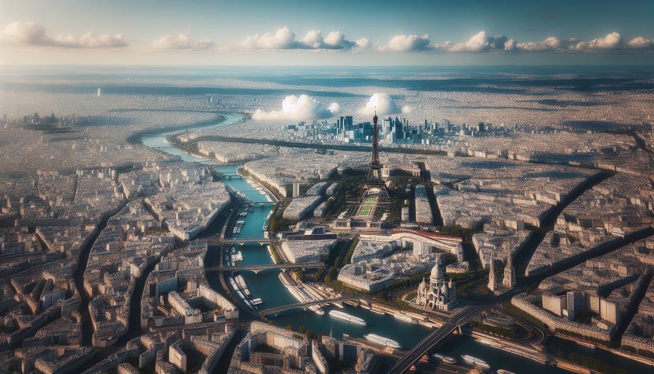Right window seat view during takeoff from Paris (CDG) — Paris skyline (Eiffel Tower, La Défense towers), Seine river bends, Charles de Gaulle airport's own runway complex receding behind