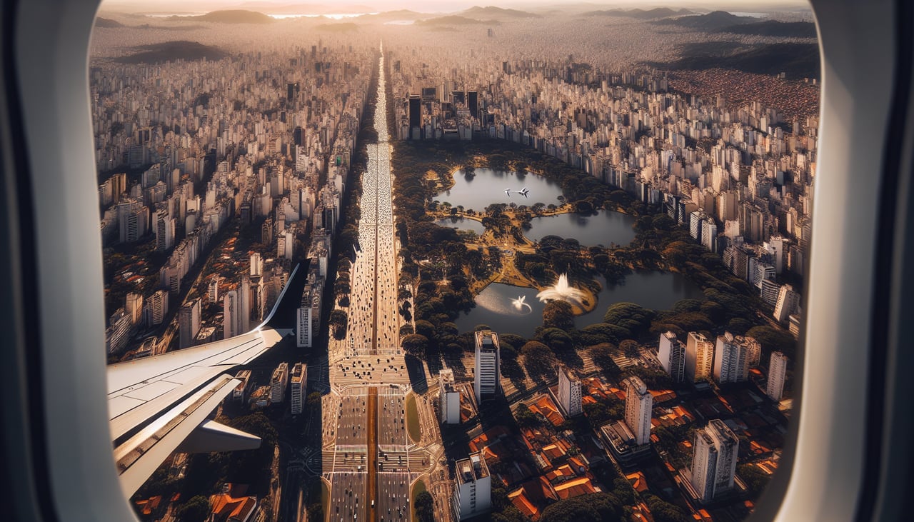 Right window seat view during landing at Sao Paulo (CGH) — Pinheiros River bend, Ponte Estaiada (Octávio Frias de Oliveira Bridge), Itaim Bibi/Faria Lima skyscraper cluster, distant Avenida Paulista skyline