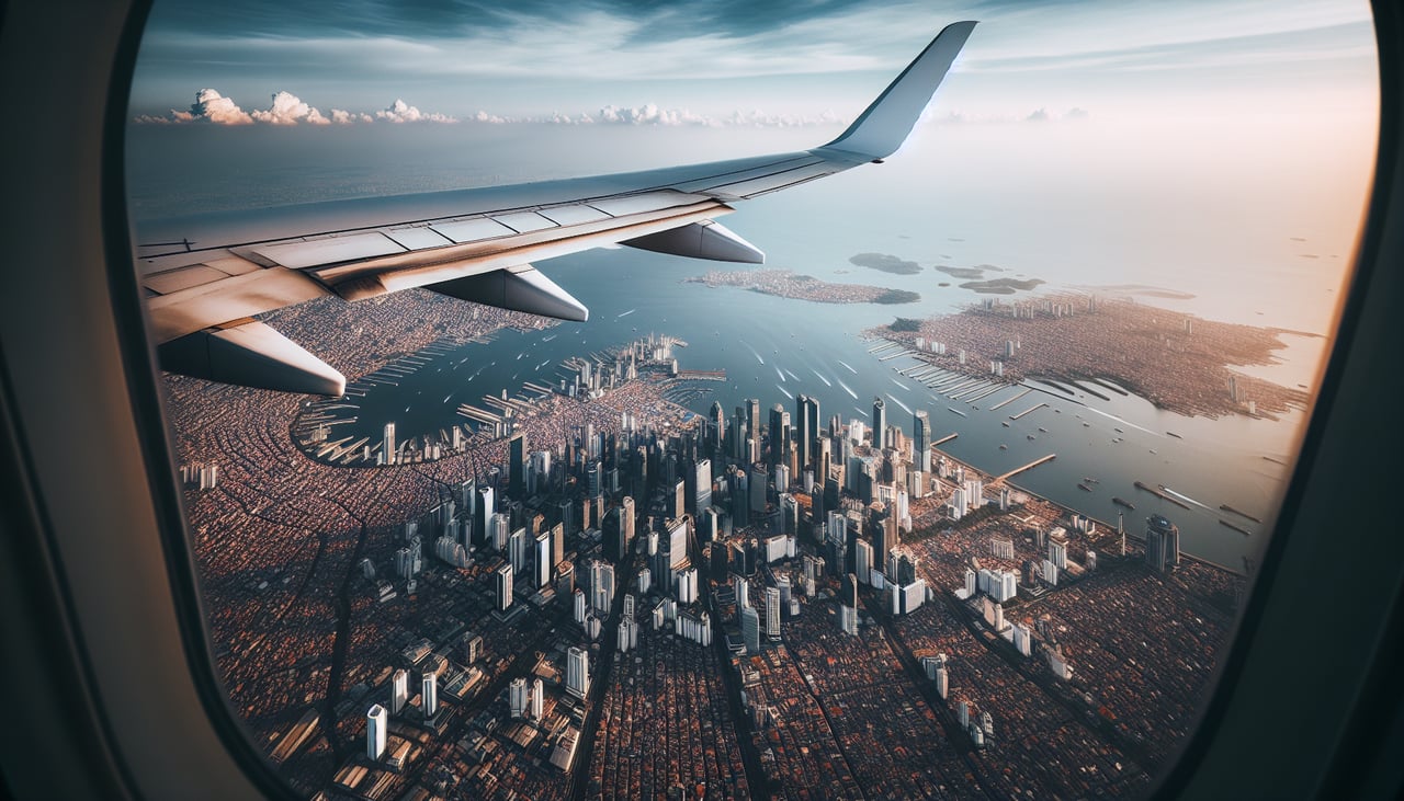 Left window seat view during takeoff from Jakarta (CGK) — Jakarta Bay, Thousand Islands (Kepulauan Seribu), Tangerang coastline, Java Sea