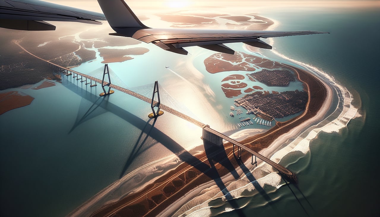 Aerial window seat view during takeoff from Charleston (right side) — Charleston Harbor, Atlantic Ocean, Folly Beach and barrier islands, Cooper River estuary