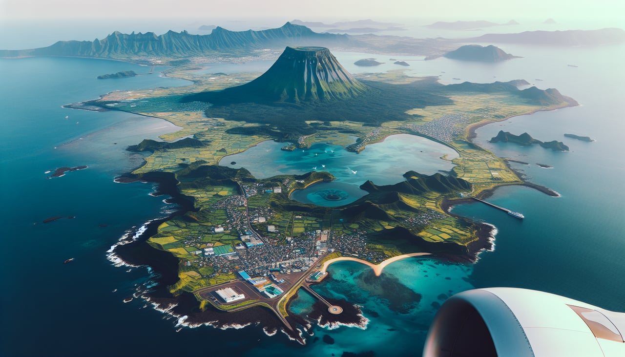 Right window seat view during landing at Cheju (CJU), Hallasan (South Korea's highest peak), Jeju City's coastal sprawl, the rolling volcanic countryside of central Jeju, occasional glimpses of smaller coastal islets to the southwest