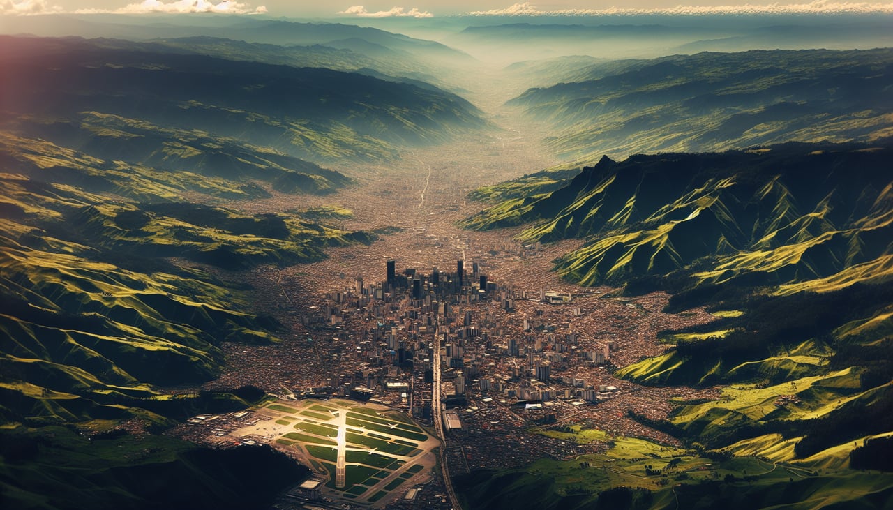 Right window seat view during landing at Cali (CLO) — Farallones de Cali (Western Cordillera peaks), city of Cali, Cauca River valley farmland, Central Cordillera foothills in the distance on the left