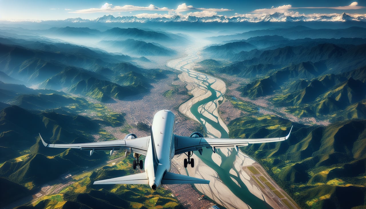 Right window seat view during takeoff from Cali (CLO) — Western Cordillera ridgeline, Farallones de Cali highlands (looking south-southwest), Cauca River valley floor, patchwork sugarcane fields typical of the Cauca Valley