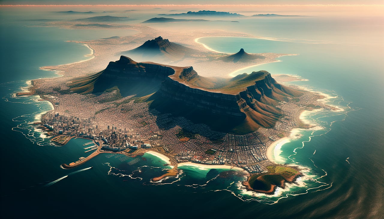 Left window seat view during landing at Cape Town (CPT) — Table Mountain, Table Bay and Robben Island (distant), Cape Town City Bowl, Cape Flats below the flight path