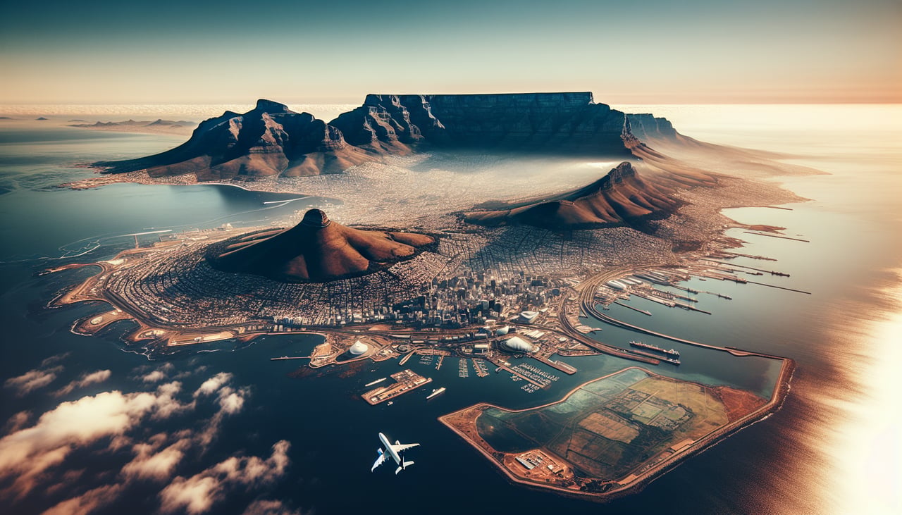 Left window seat view during takeoff from Cape Town (CPT) — Table Mountain, Lion's Head, Cape Town city bowl, Table Bay with Robben Island