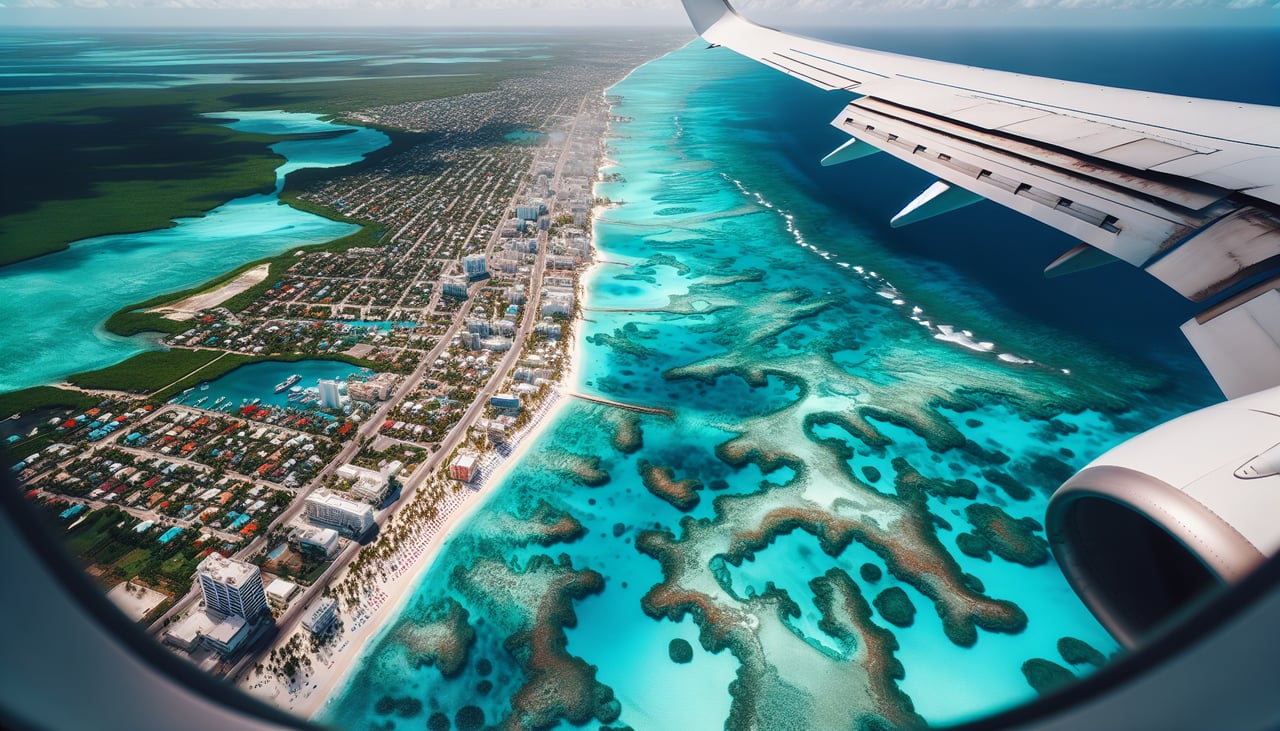 Aerial window seat view during landing at Cancun (right side) — Cancun Lagoon (Laguna de Nichupté), Caribbean turquoise waters, white sand beaches and barrier islands, Yucatan Peninsula coastline
