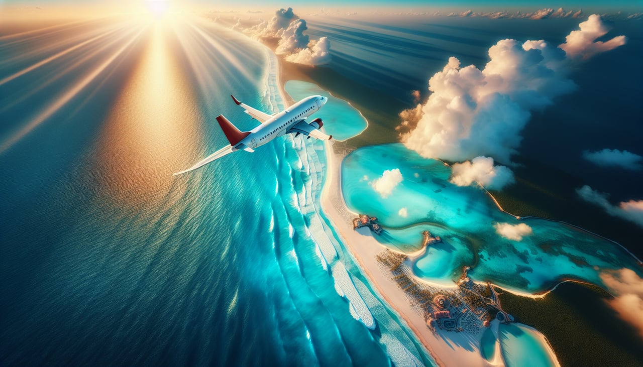 Right window seat view during takeoff from Cancun (CUN) — Nichupté Lagoon, Cancun hotel zone barrier island, Caribbean Sea and reef line, Isla Mujeres in the distance to the north