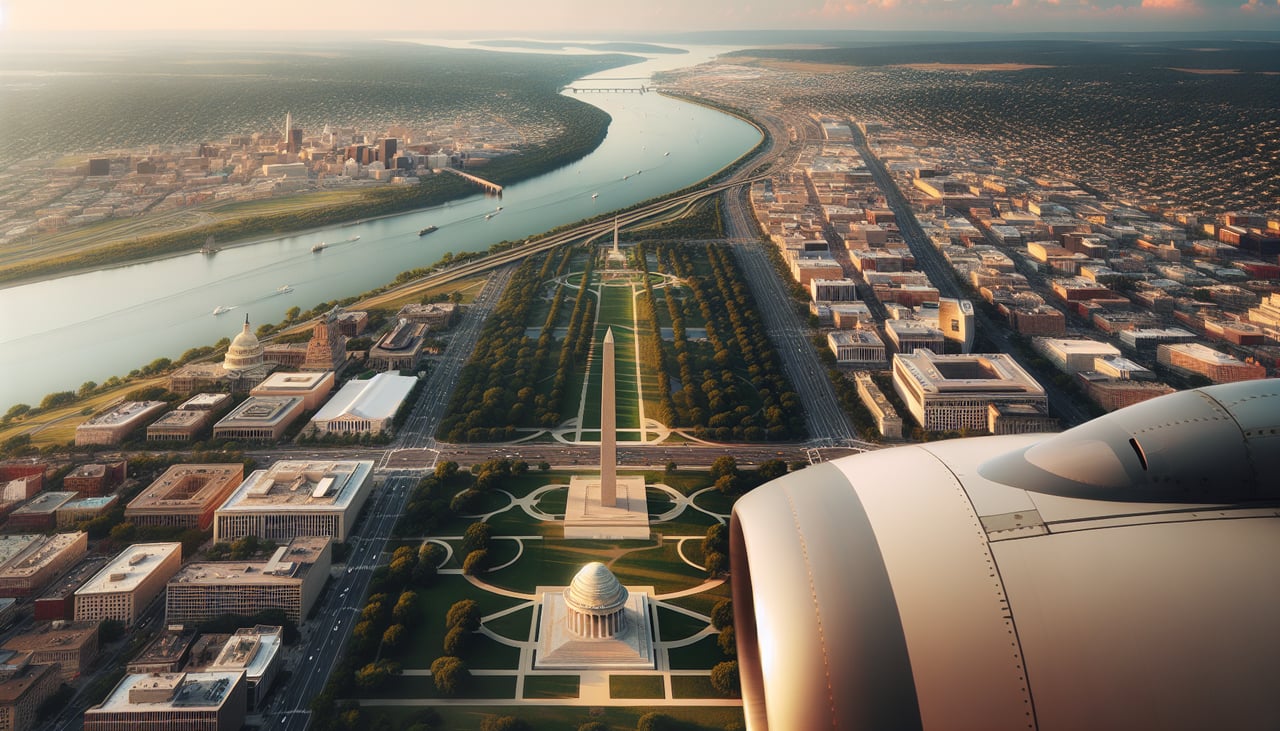 Aerial window seat view during takeoff from Washington (right side) — Washington Monument, US Capitol dome, National Mall, Potomac River