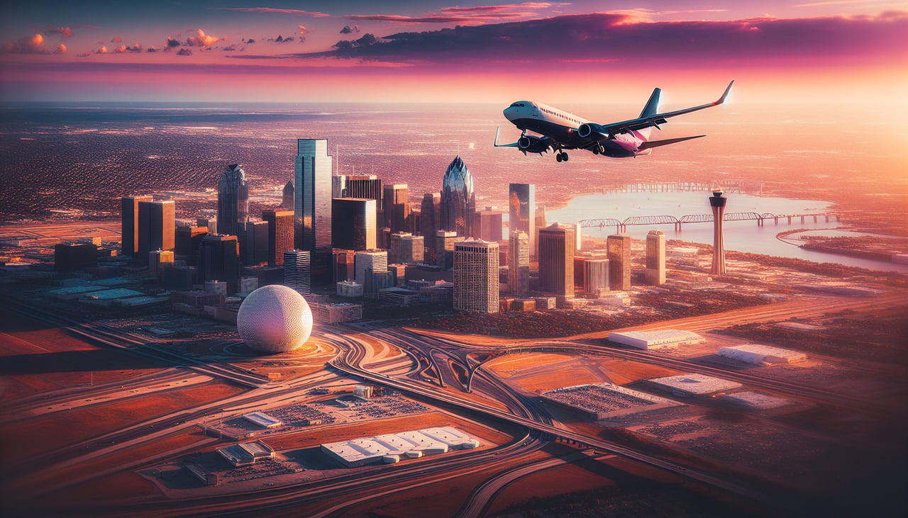 Aerial window seat view during landing at Dallas-Fort Worth (left side) — Downtown Fort Worth skyline, Trinity River, Lake Worth to the northwest, DFW airport layout visible on final approach