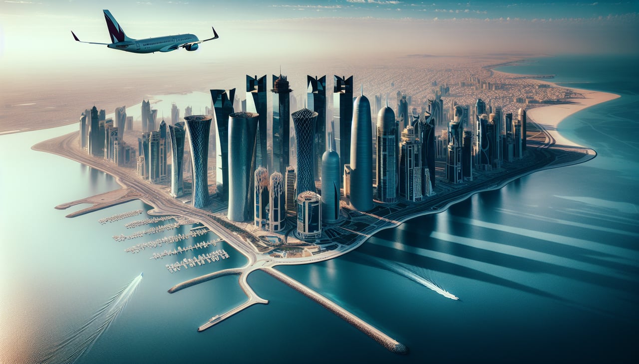 Right window seat view during takeoff from Doha (DOH) — Doha West Bay skyline, The Pearl-Qatar artificial island, Doha Corniche coastline, Persian Gulf waters