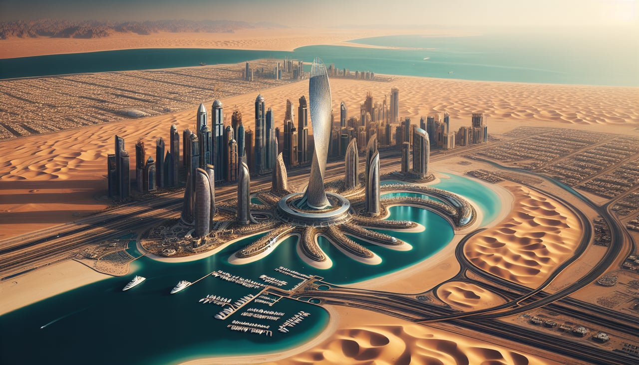 Aerial window seat view during landing at Dubai (right side) — Palm Jumeirah, Burj Al Arab, Dubai Marina towers, Persian Gulf coastline