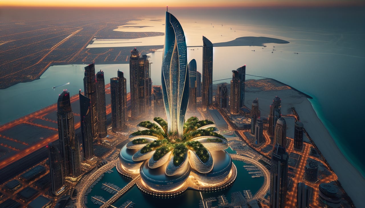 Aerial window seat view during takeoff from Dubai (right side) — Dubai Marina skyline, Palm Jumeirah, Persian Gulf coastline, Jebel Ali port
