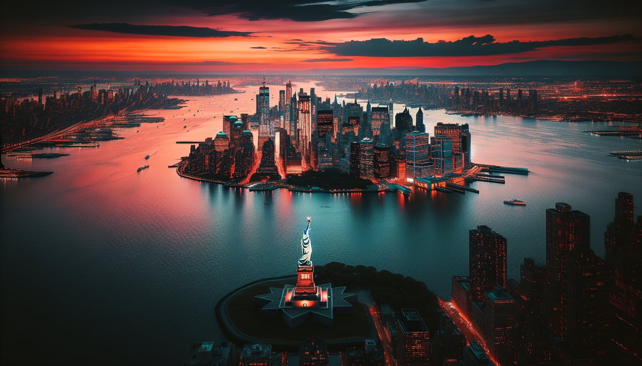 Aerial window seat view during landing at Newark (right side) — Lower Manhattan skyline, Statue of Liberty in New York Harbor, Upper New York Bay, Bayonne and the Kill Van Kull waterway