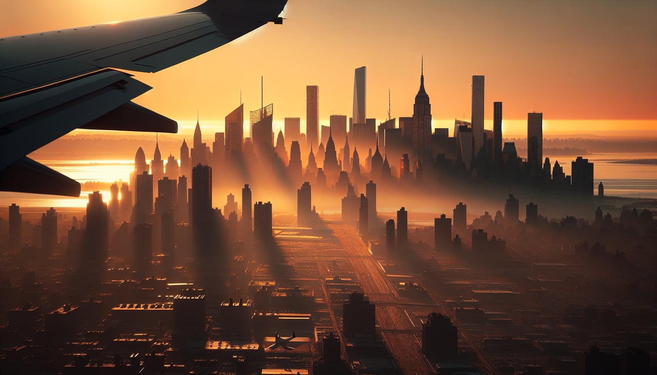 Aerial window seat view during takeoff from Newark (right side) — Manhattan skyline, Hudson River, Newark Bay, Verrazzano-Narrows Bridge/Upper NY Bay