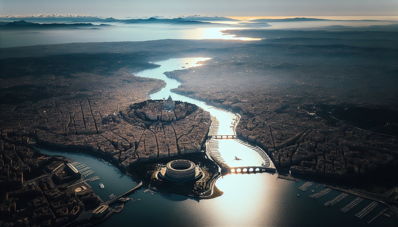 Aerial window seat view during landing at Rome (right side) — Tiber River valley and meanders, Alban Hills volcanic ridge, Roman Campagna agricultural landscape, Tyrrhenian Sea coastline