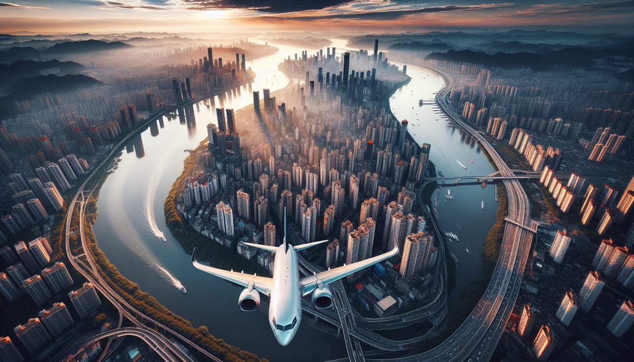 Aerial window seat view during takeoff from Frankfurt (right side) — Main River valley, Taunus Hills, Frankfurt city sprawl, Mainz on the distant horizon