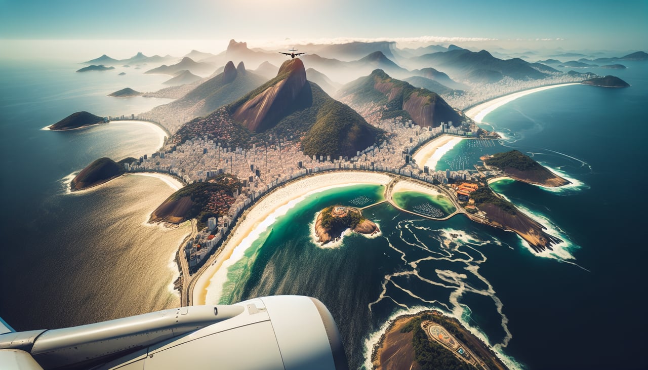 Aerial window seat view during takeoff from Rio De Janeiro (right side) — Guanabara Bay, Serra da Carioca mountain range, Niterói across the bay, Atlantic Ocean