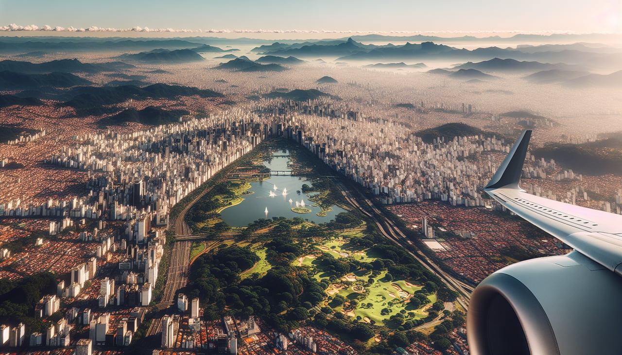 Aerial window seat view during takeoff from Sao Paulo (right side) — São Paulo's Avenida Paulista high-rise cluster, the Tietê River winding through the metro basin, the forested Serra da Cantareira ridge on the city's northern edge