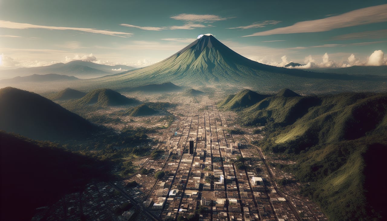 Left window seat view during landing at Guatemala City (GUA) — Volcán de Agua, Volcán de Fuego, Volcán de Acatenango, Volcán de Pacaya