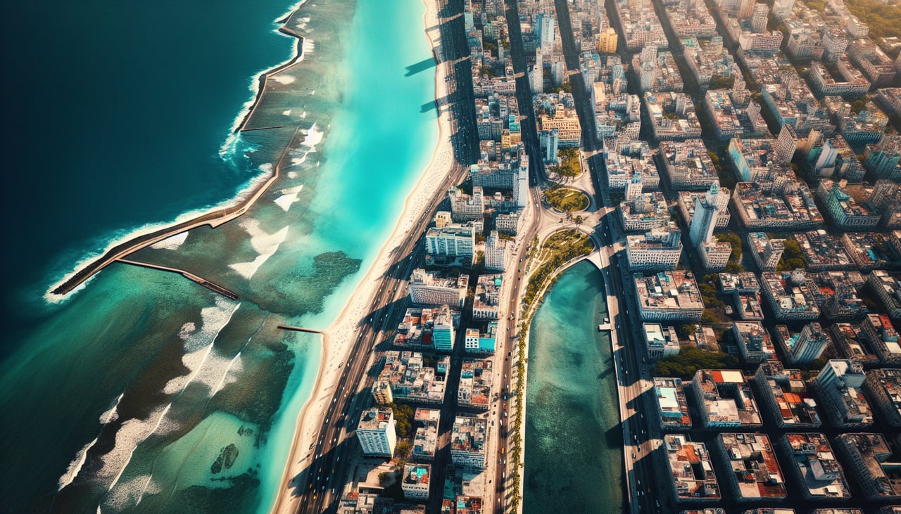 Right window seat view during landing at Havana (HAV) — Havana Harbor (Bahía de La Habana), the Malecón seawall and coastal boulevard, Old Havana's dense colonial street grid, Fort Jefferson (Castillo de la Real Fuerza) in the harbor