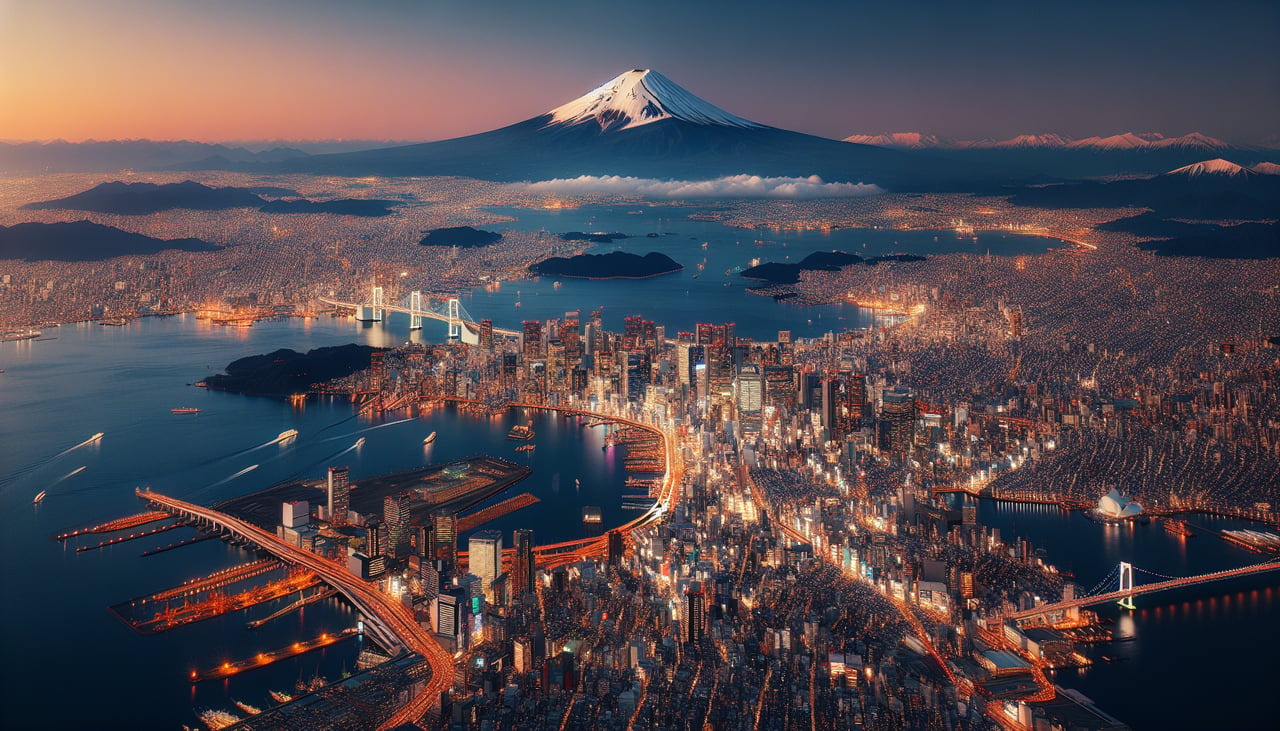 Aerial window seat view during takeoff from Tokyo (left side) — Tokyo Tower and Skytree skyline, Tokyo Bay shoreline, Mt. Fuji (distant, weather permitting), Boso Peninsula coastline