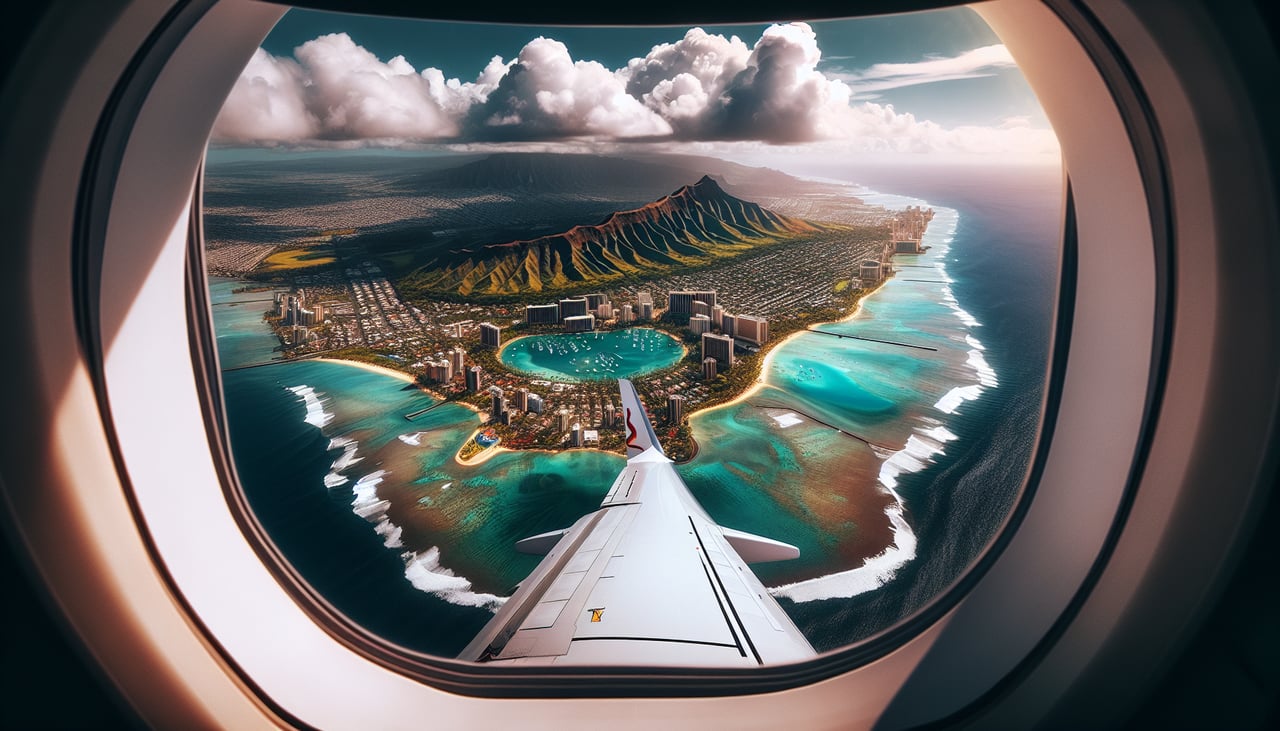 Aerial window seat view during landing at Honolulu (left side) — Ko'olau Range (dramatic windward mountain ridge on Oahu's eastern side), Waianae Range (western mountains), Pearl Harbor (large naval anchorage visible as a distinct body of water), Honolulu city and urban sprawl (visible as developed areas on the southern coast)
