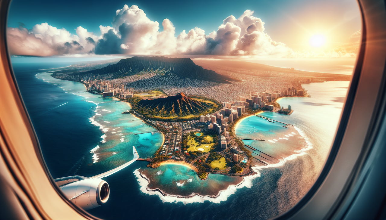 Aerial window seat view during takeoff from Honolulu (left side) — Diamond Head crater, Waikiki coastline, Koolau Range, Pearl Harbor