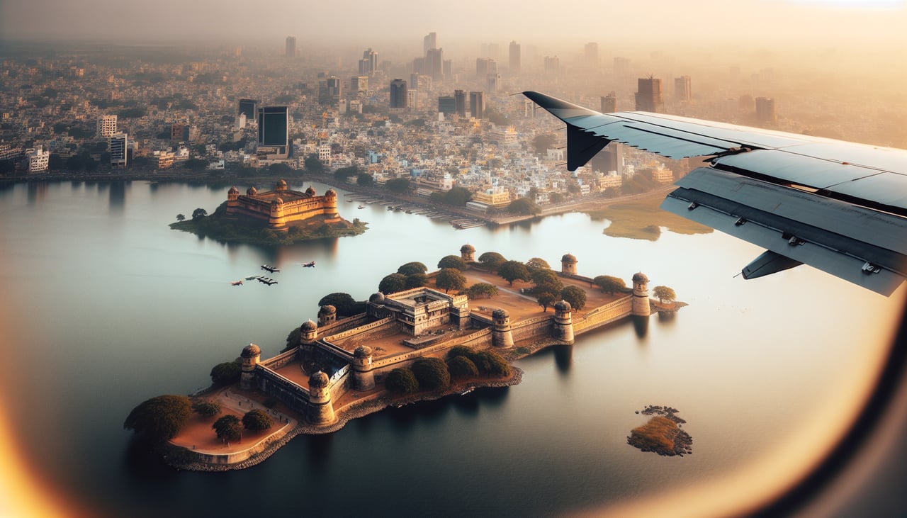 Left window seat view during takeoff from Hyderabad (HYD) — Musi River winding through the city below, Hyderabad's urban grid and high-rise clusters, Osman Sagar reservoir visible in middle distance to the northwest, Deccan Plateau terrain rising gradually toward the horizon