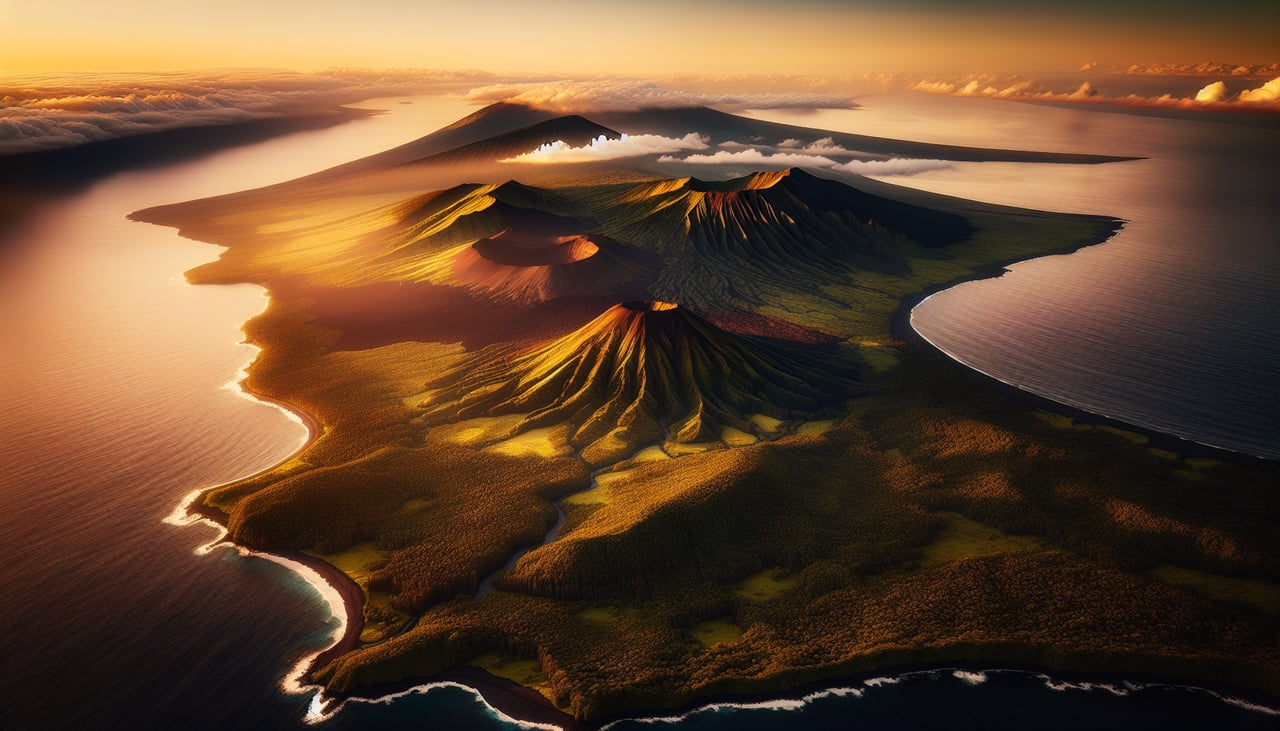 Right window seat view during landing at Hilo (ITO) — Mauna Kea (13,796 ft, visible as a distant peak on the horizon), Mauna Loa's northern flank, Hilo Bay and coastal settlement, Saddle Road corridor between the two shield volcanoes