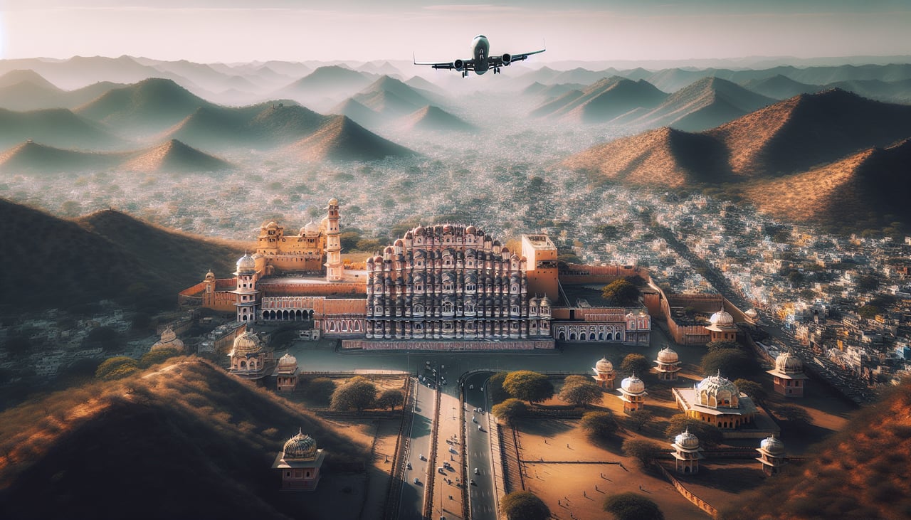Aerial window seat view during landing at Jaipur (right side) — Aravalli hill ridges, Jaipur Old City walls, Nahargarh Fort hillside