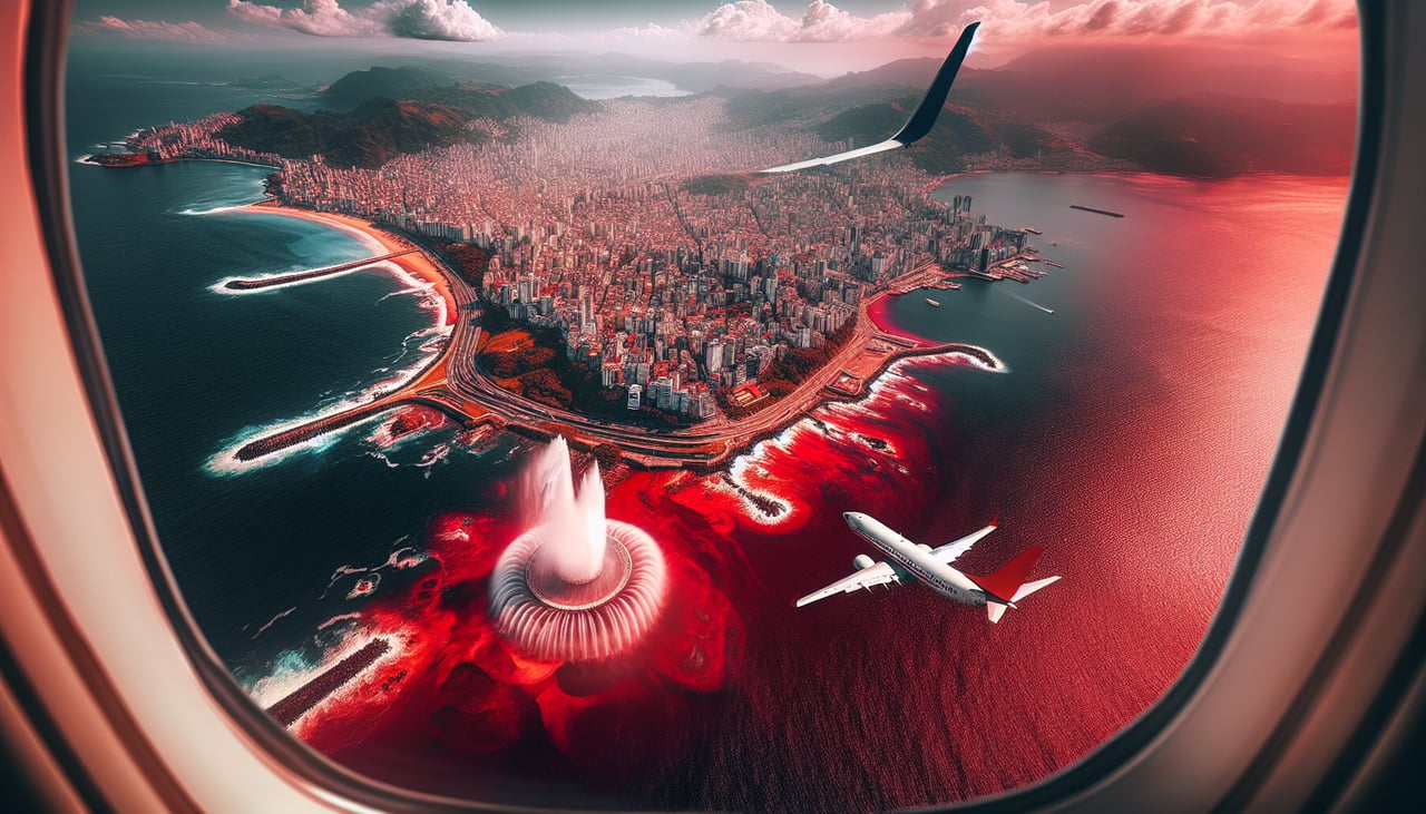 Aerial window seat view during landing at Jeddah (left side) — Red Sea (deep blue water body), Hijaz Mountains (western escarpment), Jeddah coastal city and harbor, coral reef formations (visible as lighter patches in shallow water)