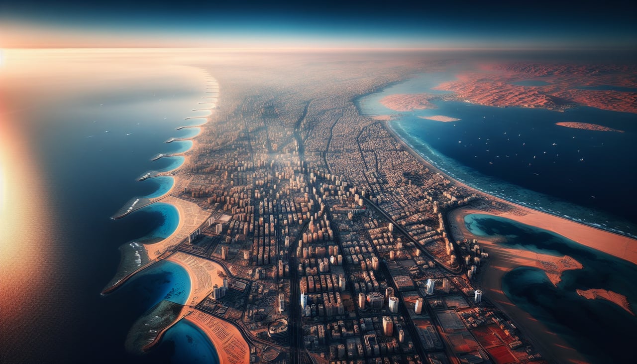 Aerial window seat view during takeoff from Jeddah (left side) — Red Sea coastline and lagoons west of Jeddah, Jeddah corniche waterfront, King Fahd Fountain (world's tallest, visible from low altitude), coastal reef patterns in shallow turquoise water