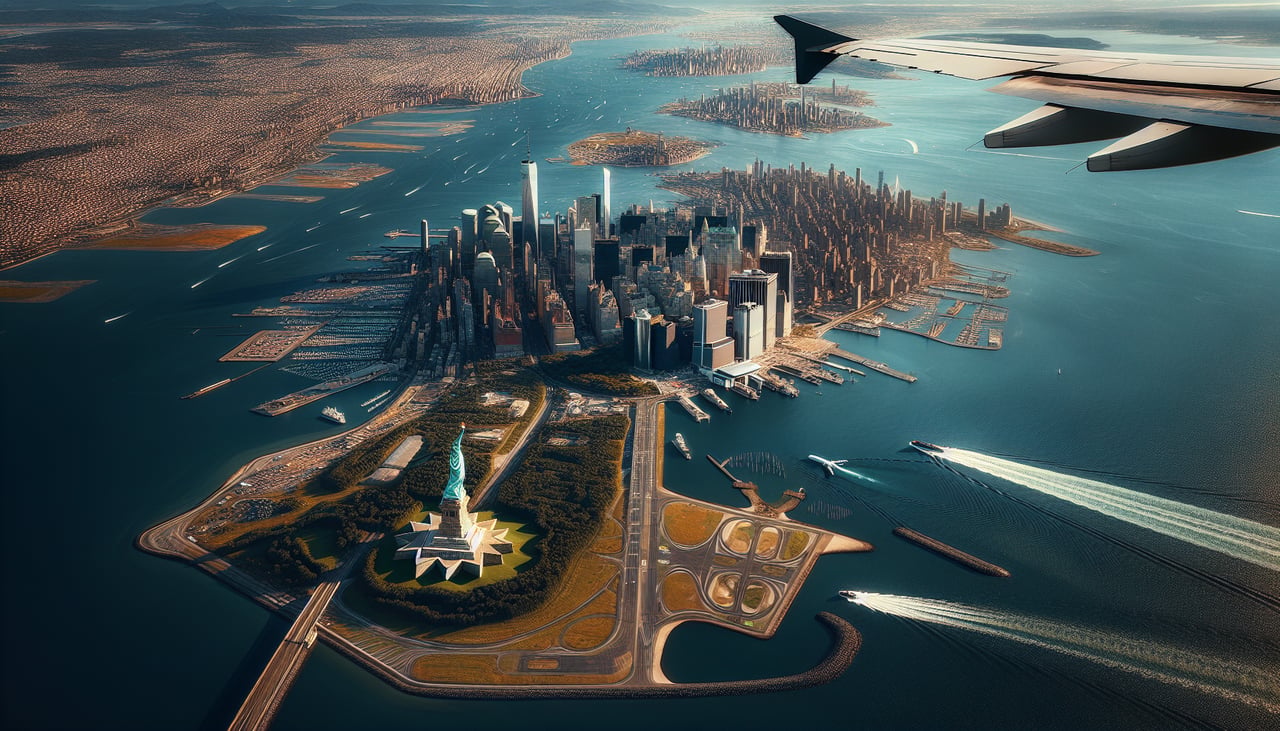 Aerial window seat view during landing at New York (right side) — Manhattan skyline, Jamaica Bay, Verrazzano-Narrows Bridge, Rockaway Peninsula