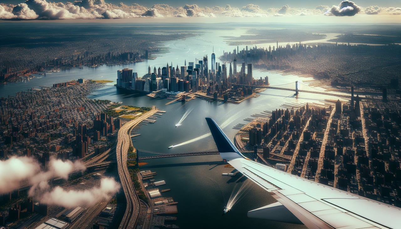 Aerial window seat view during takeoff from New York (right side) — Manhattan skyline, Verrazzano-Narrows Bridge, Jamaica Bay, Staten Island