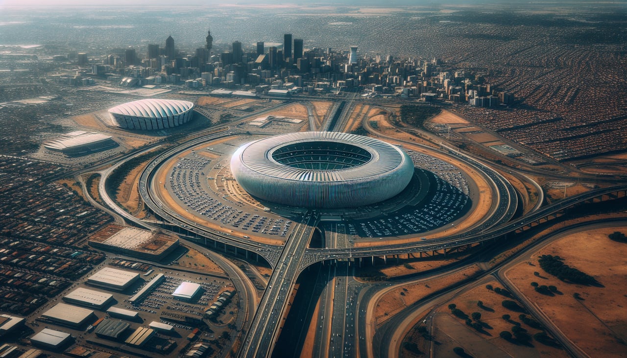 Aerial window seat view during landing at Johannesburg (right side) — Johannesburg CBD skyline, Soweto cooling towers, gold mine tailings dumps, Highveld plateau terrain