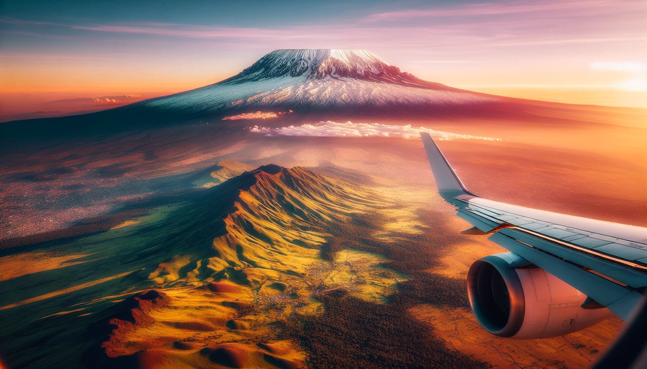 Aerial window seat view during landing at Kilimanjaro (left side) — Mount Kilimanjaro's Kibo summit and glaciers, Amboseli-area savanna plains, volcanic foothill farmland near JRO