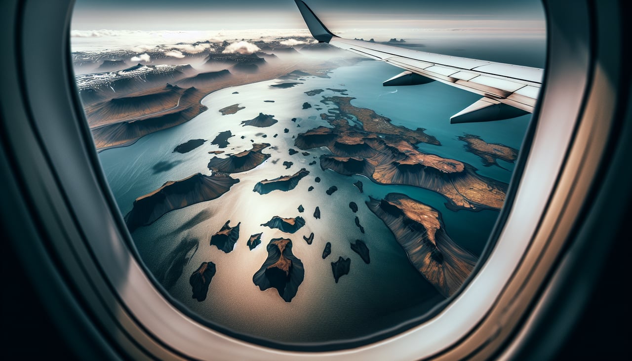 Right window seat view during takeoff from Keflavik (KEF) — Reykjanes Peninsula coastline, Atlantic Ocean to the west, geothermal steam vents near Svartsengi, distant Snæfellsjökull glacier (visible on clear days to the northeast on the right, but left side captures the immediate dramatic terrain)