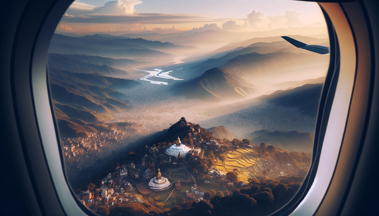 Aerial window seat view during landing at Kathmandu (right side) — Himalayan foothills and Langtang Himal massif, Ganesh Himal peaks, terraced green ridgelines of the Kathmandu Valley, Bagmati River valley below