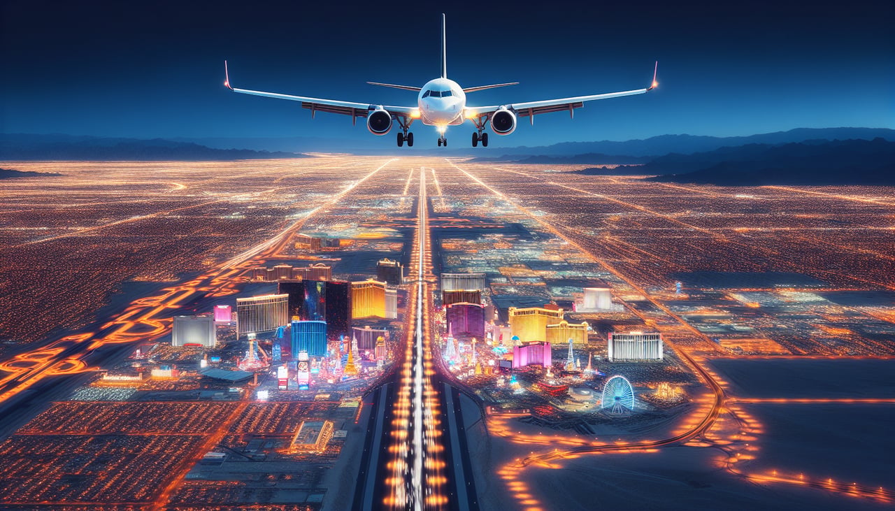 Left window seat view during landing at Las Vegas (LAS) — Las Vegas Strip hotel towers, The Sphere, downtown Las Vegas skyline, Lake Mead/Henderson foothills in the distance during initial descent