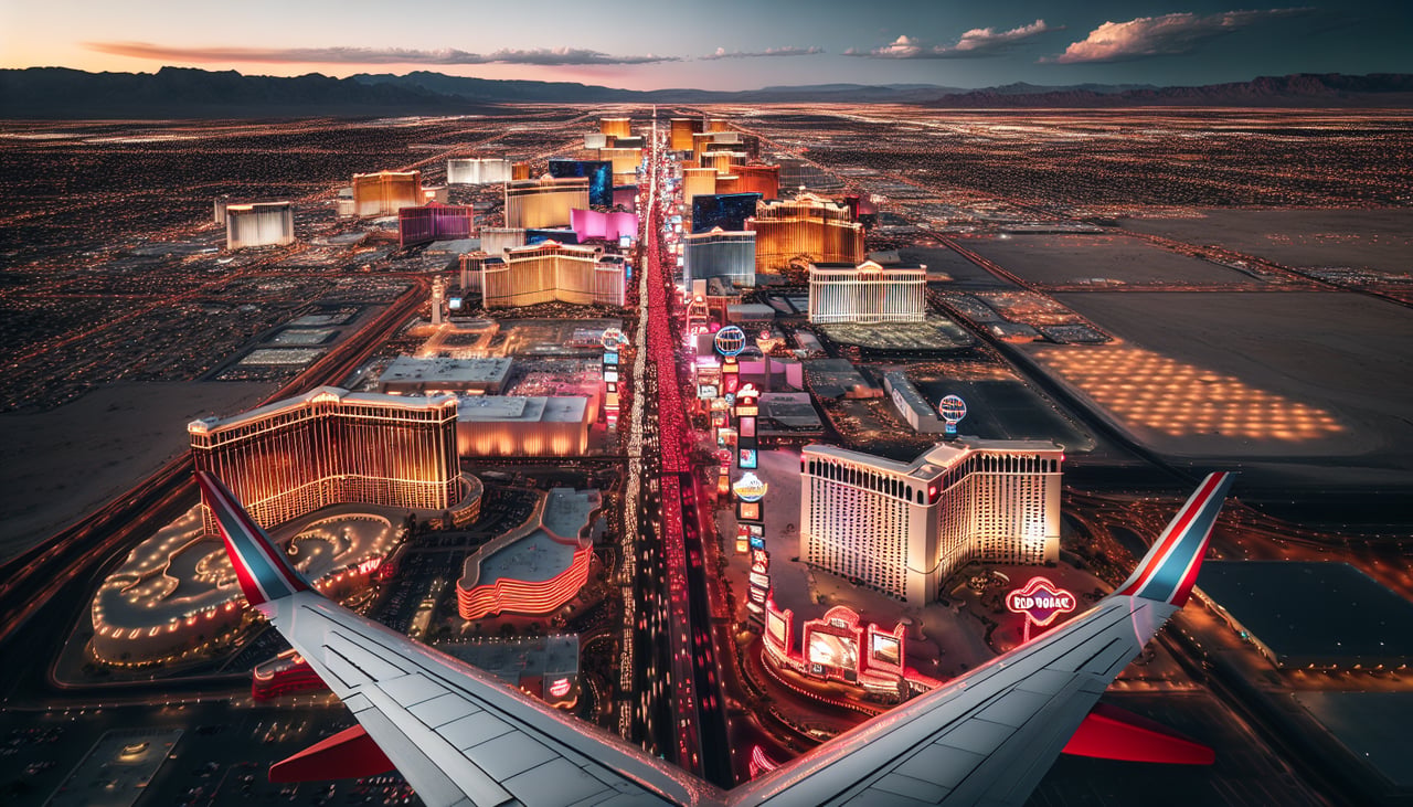 Left window seat view during takeoff from Las Vegas (LAS) — Las Vegas Strip, Downtown Las Vegas, Spring Mountains, Red Rock Canyon escarpment